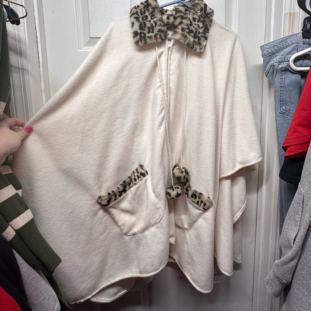 Leopard Trim Cream Cape Cardigan